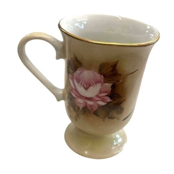 Hand-Painted Floral Ceramic Mug With Gold Rim Rio Verde Brasil Pink & White Rose - Picture 2 of 8